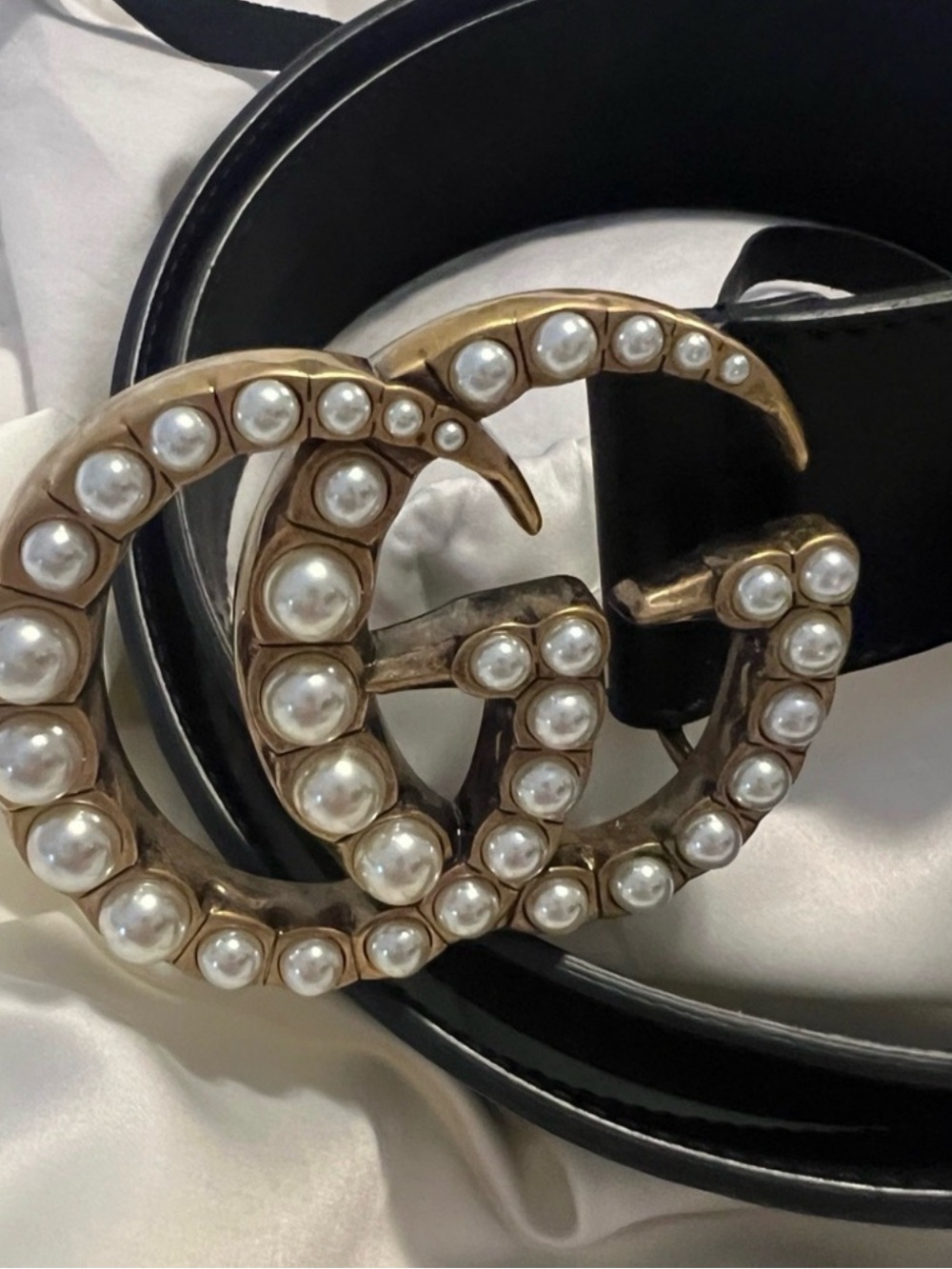 Gucci Black Leather Belt with Pearl-Embellished Gold Double G Buckle